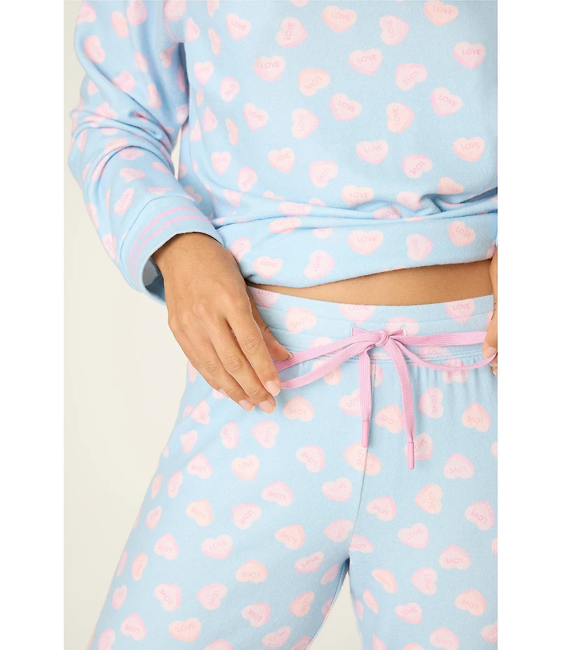 PJ Salvage Long Sleeve Crew Neck Heart Candy Print Long Peachy Knit Valentine's Day Pajama Set