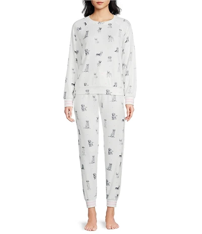 Pj Salvage Long Sleeve Crew Neck Heart Dog Print Peachy Knit Valentine's Day Pajama Set