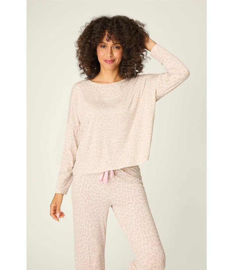 PJ Salvage Long Sleeve Crew Neck Jersey Knit Leopard Print Coordinating Sleep Top
