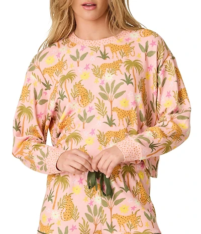 Pj Salvage Long Sleeve Crew Neck Jungle Print Peachy Knit Coordinating Sleep Top