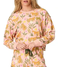 Pj Salvage Long Sleeve Crew Neck Jungle Print Peachy Knit Coordinating Sleep Top