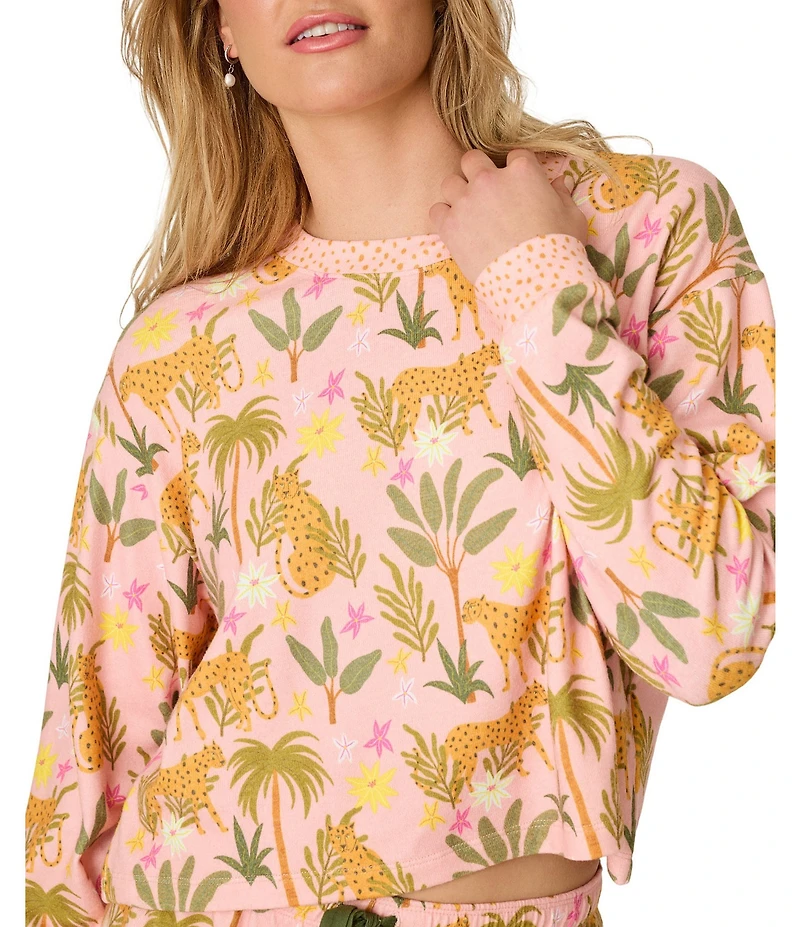 Pj Salvage Long Sleeve Crew Neck Jungle Print Peachy Knit Coordinating Sleep Top