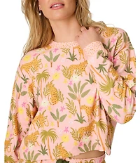 Pj Salvage Long Sleeve Crew Neck Jungle Print Peachy Knit Coordinating Sleep Top