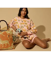 Pj Salvage Long Sleeve Crew Neck Jungle Print Peachy Knit Coordinating Sleep Top