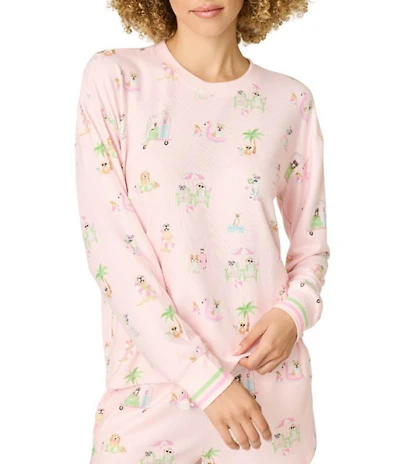 PJ Salvage Long Sleeve Crew Neck Vacation Dogs Peachy Knit Coordinating Sleep Top