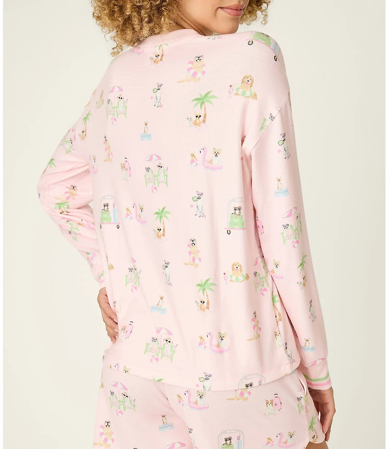 PJ Salvage Long Sleeve Crew Neck Vacation Dogs Peachy Knit Coordinating Sleep Top
