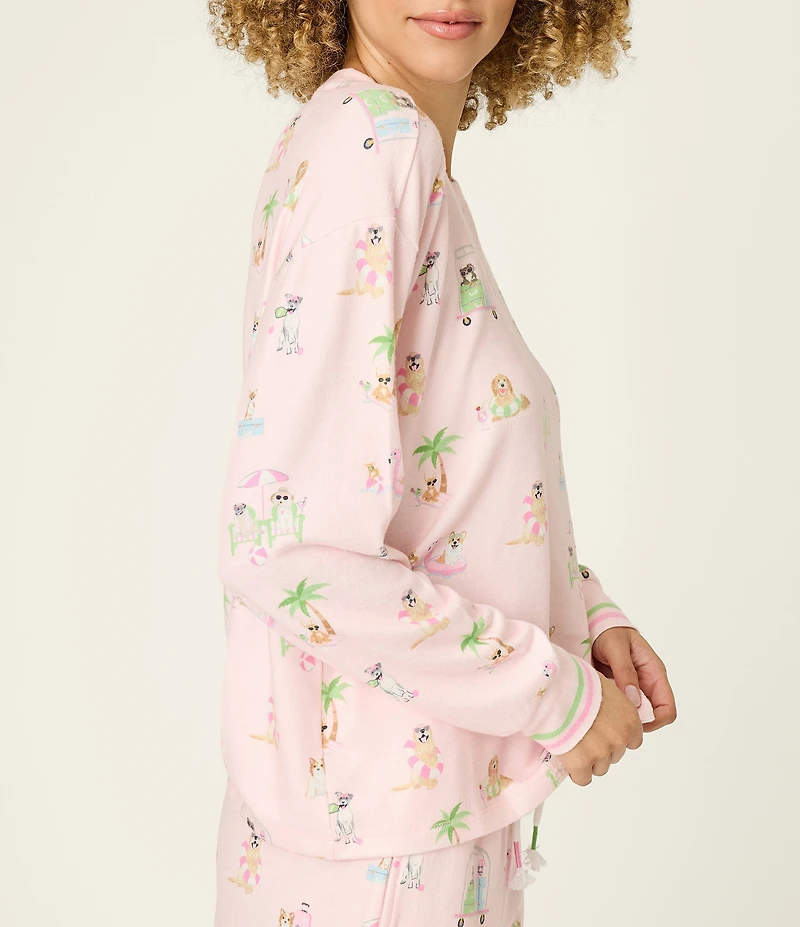 PJ Salvage Long Sleeve Crew Neck Vacation Dogs Peachy Knit Coordinating Sleep Top