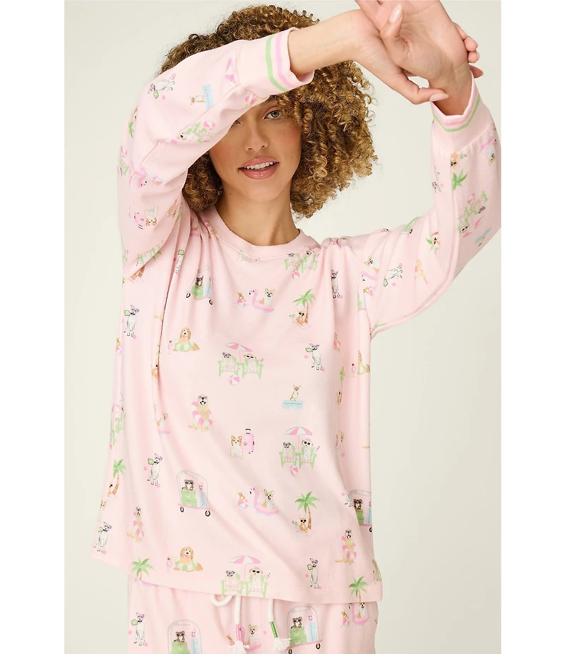 PJ Salvage Long Sleeve Crew Neck Vacation Dogs Peachy Knit Coordinating Sleep Top