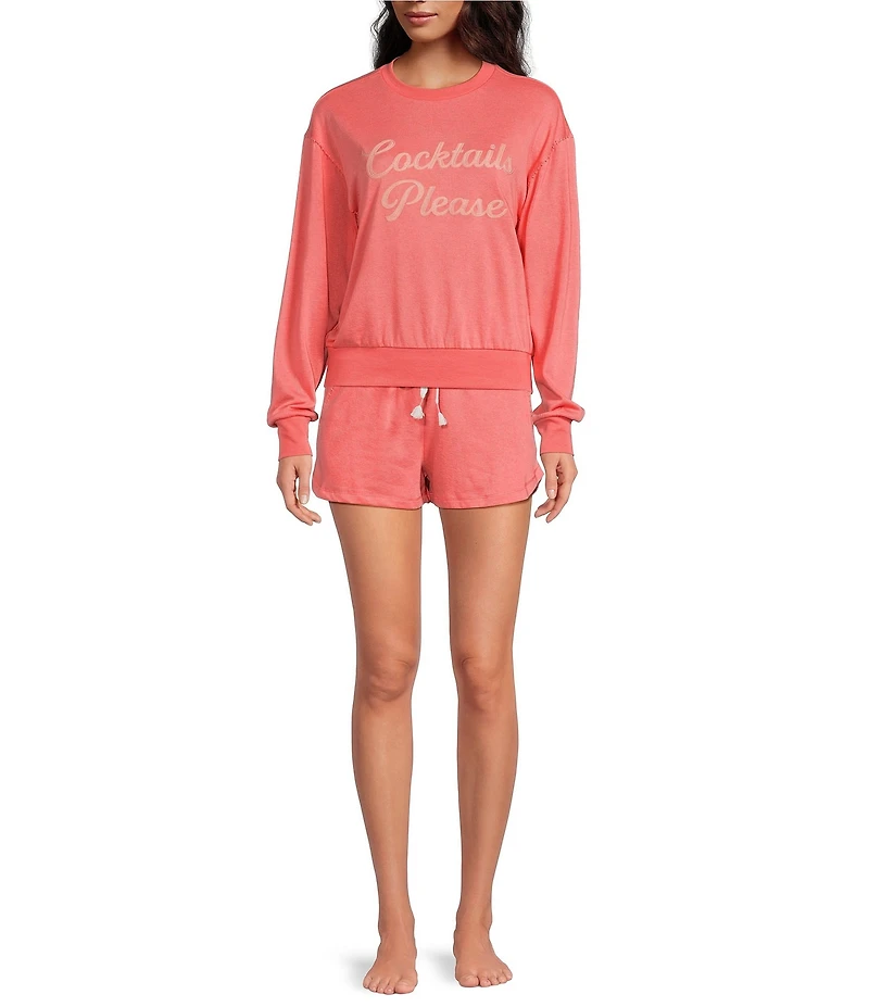 PJ Salvage Long Sleeve Crew Neck Whipstitch Cocktails Please French Terry Pullover