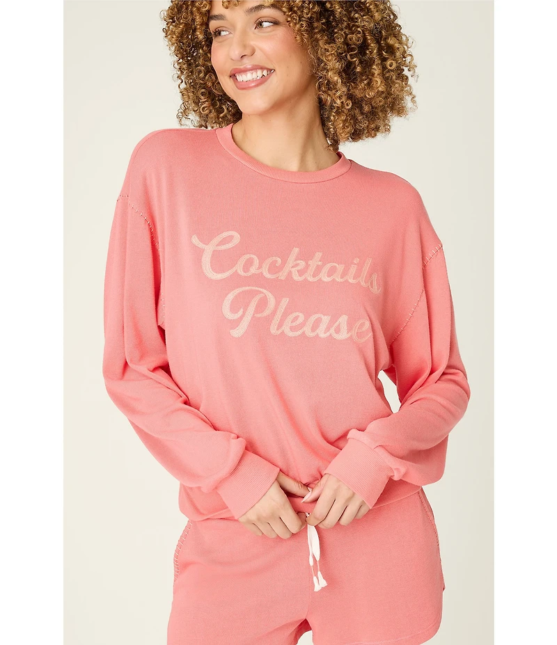 PJ Salvage Long Sleeve Crew Neck Whipstitch Cocktails Please French Terry Pullover
