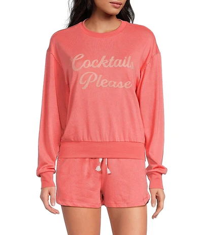 PJ Salvage Long Sleeve Crew Neck Whipstitch Cocktails Please French Terry Pullover