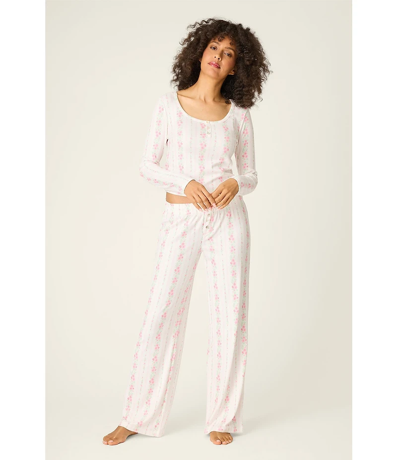 Pj Salvage Long Sleeve Scoop Neck Double Brushed Pointelle Floral Stripe Long Pajama Set