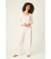 Pj Salvage Long Sleeve Scoop Neck Double Brushed Pointelle Floral Stripe Long Pajama Set