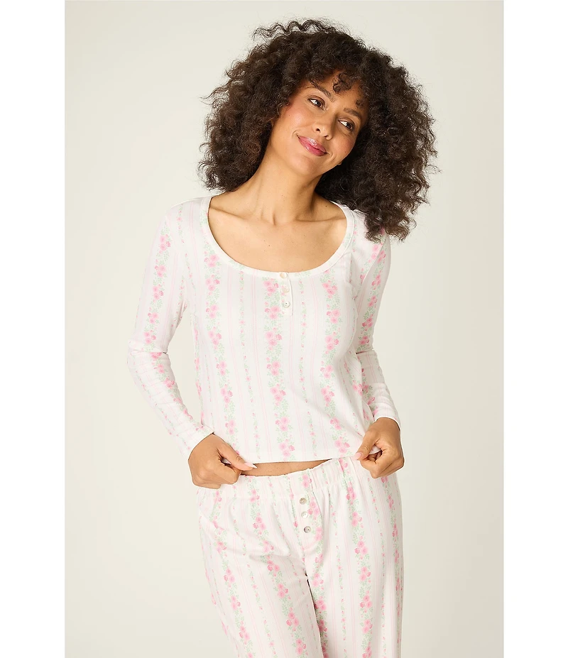Pj Salvage Long Sleeve Scoop Neck Double Brushed Pointelle Floral Stripe Long Pajama Set