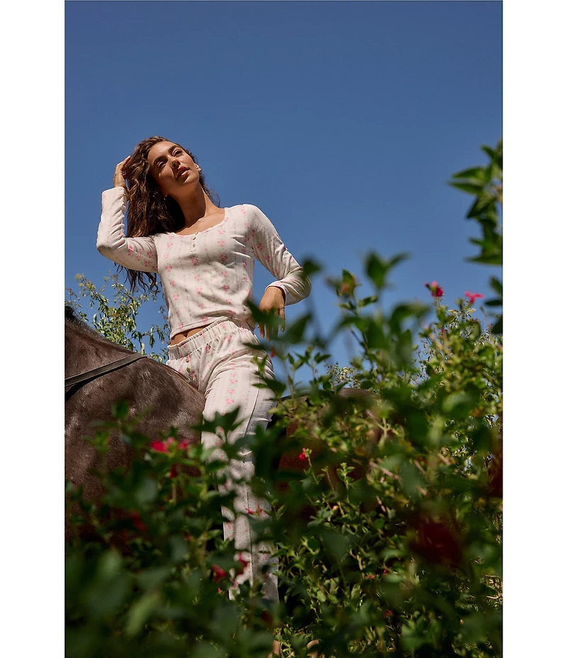 Pj Salvage Long Sleeve Scoop Neck Double Brushed Pointelle Floral Stripe Long Pajama Set