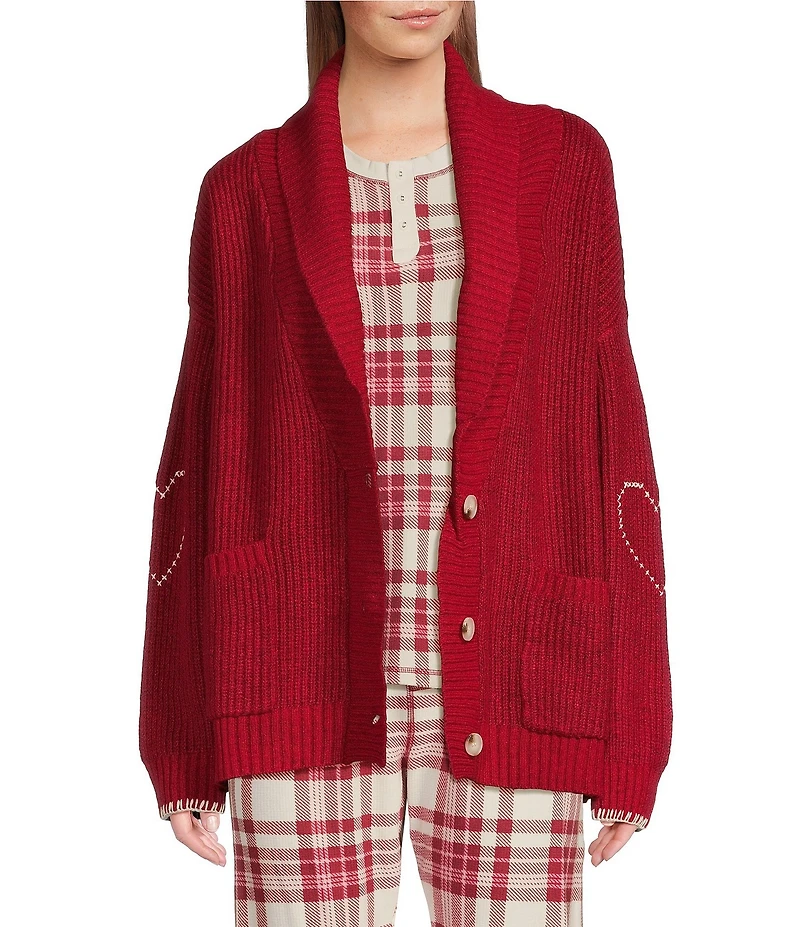 PJ Salvage Long Sleeve Shawl Collar Sweater Knit Cross-Stitch Heart Cardigan