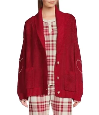 PJ Salvage Long Sleeve Shawl Collar Sweater Knit Cross-Stitch Heart Cardigan