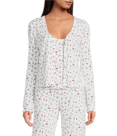 Pj Salvage Long Sleeve V-Neck Brushed Knit Button Front Floral Print Cardigan