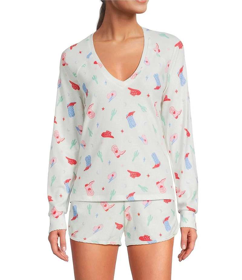 PJ Salvage Long Sleeve V-Neck Peachy Waffle Knit Western Print Coordinating Sleep Top