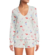 PJ Salvage Long Sleeve V-Neck Peachy Waffle Knit Western Print Coordinating Sleep Top