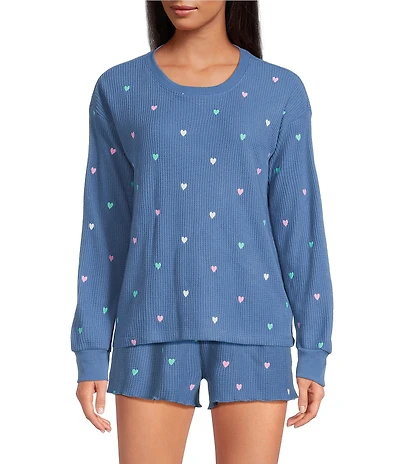 PJ Salvage Love Club Embroidered Hearts Long Sleeve Crew Neck Airy Waffle Knit Coordinating Sleep Top