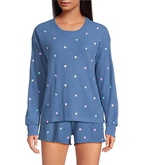 PJ Salvage Love Club Embroidered Hearts Long Sleeve Crew Neck Airy Waffle Knit Coordinating Sleep Top