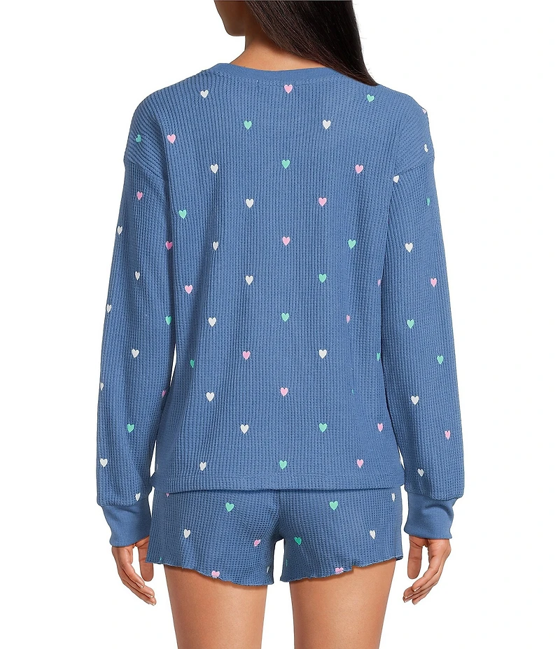 PJ Salvage Love Club Embroidered Hearts Long Sleeve Crew Neck Airy Waffle Knit Coordinating Sleep Top