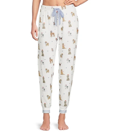 PJ Salvage Meet Me in Pawris Dog Print Peachy Knit Drawstring Coordinating Sleep Jogger