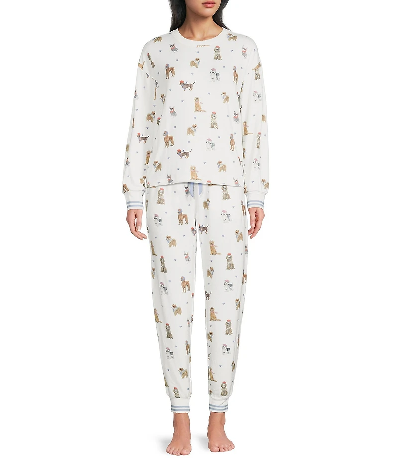 PJ Salvage Meet Me in Pawris Dog Print Peachy Knit Drawstring Coordinating Sleep Jogger