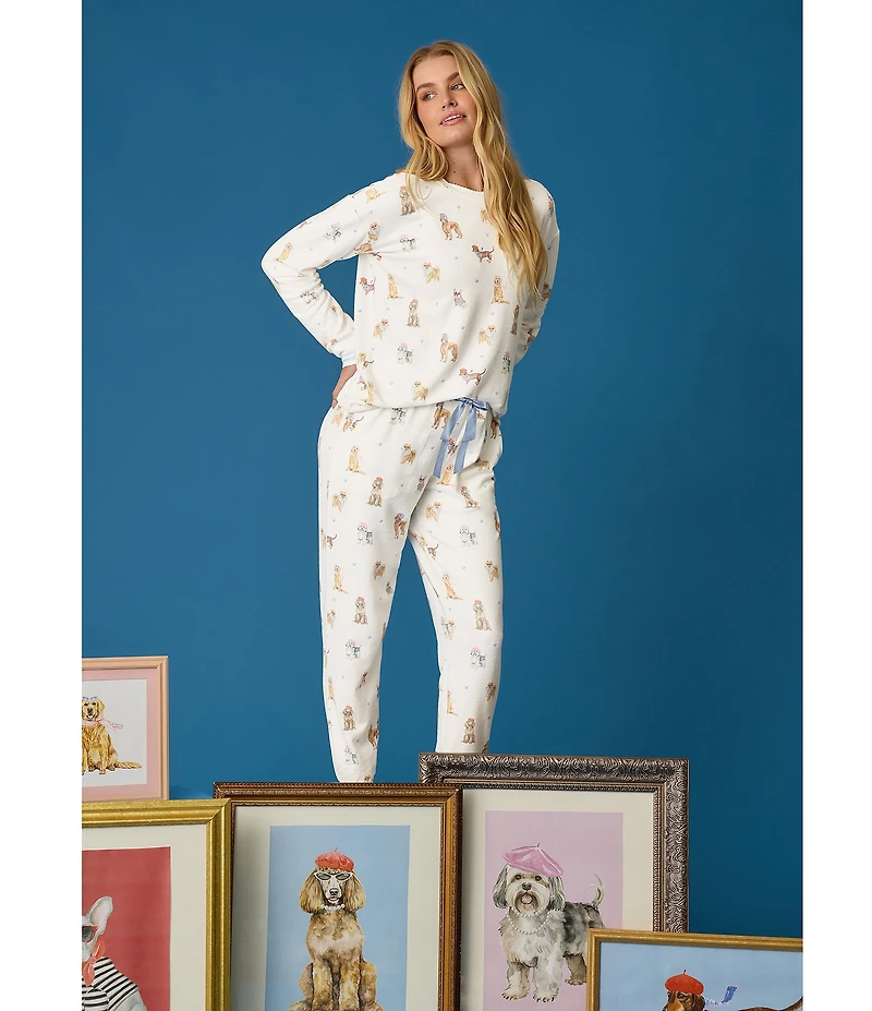 PJ Salvage Meet Me in Pawris Dog Print Peachy Knit Drawstring Coordinating Sleep Jogger