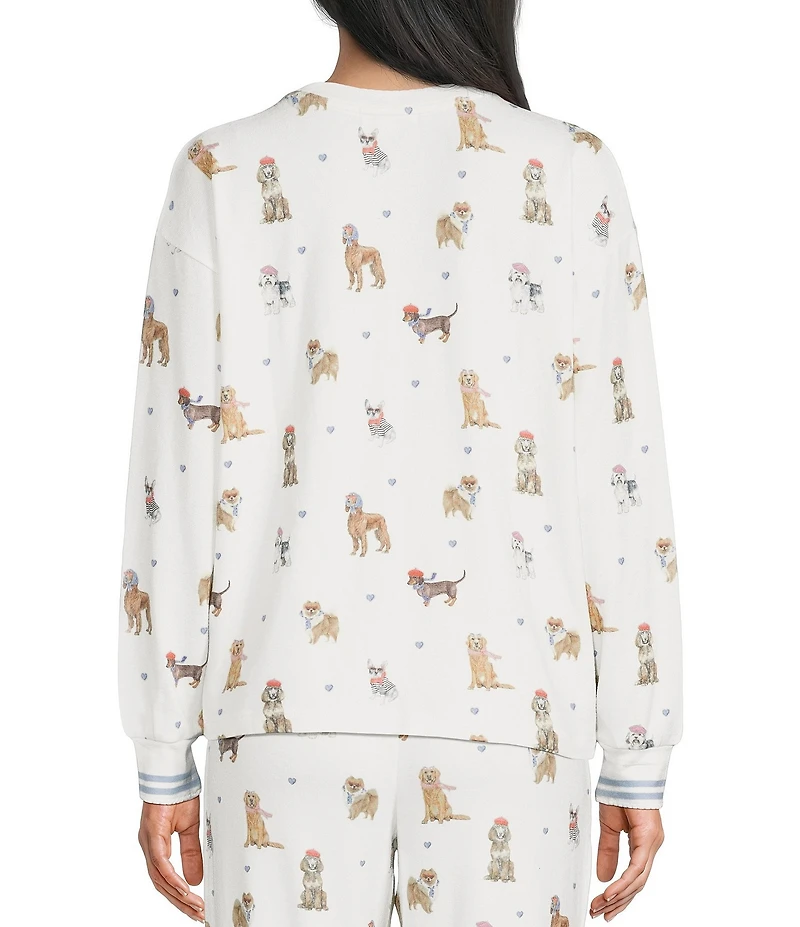 PJ Salvage Meet Me in Pawris Dog Print Peachy Knit Long Sleeve Crew Neck Coordinating Sleep Top