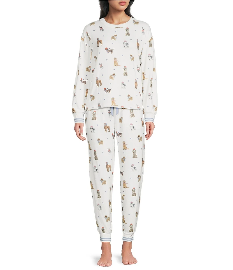 PJ Salvage Meet Me in Pawris Dog Print Peachy Knit Long Sleeve Crew Neck Coordinating Sleep Top