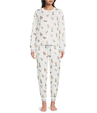 PJ Salvage Meet Me in Pawris Dog Print Peachy Knit Long Sleeve Crew Neck Coordinating Sleep Top