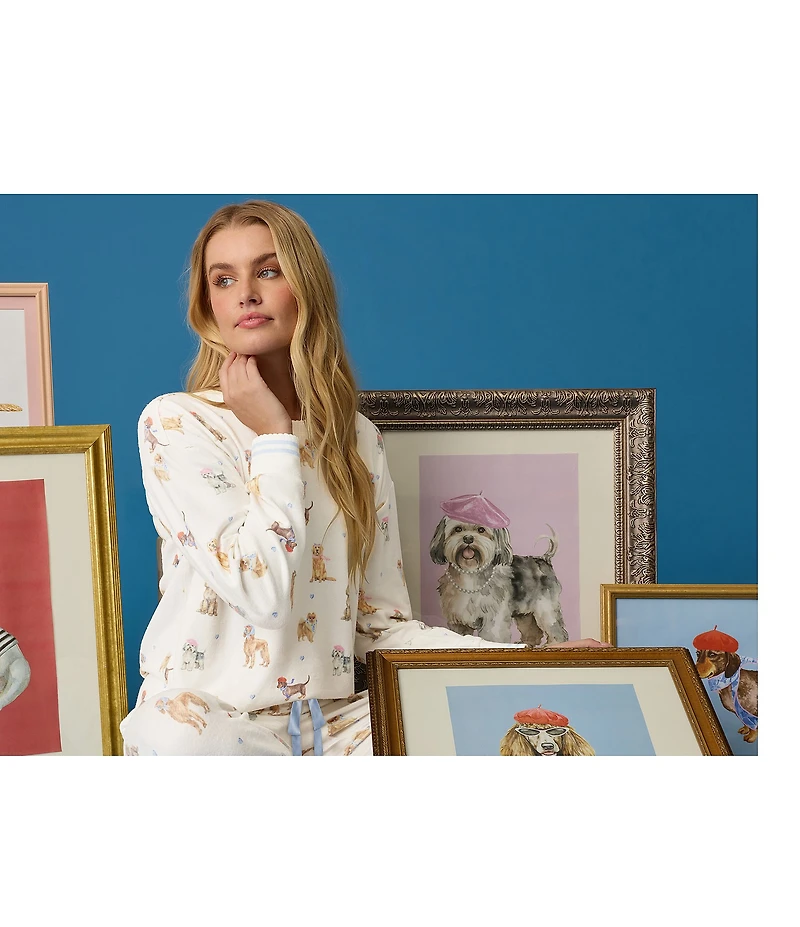 PJ Salvage Meet Me in Pawris Dog Print Peachy Knit Long Sleeve Crew Neck Coordinating Sleep Top