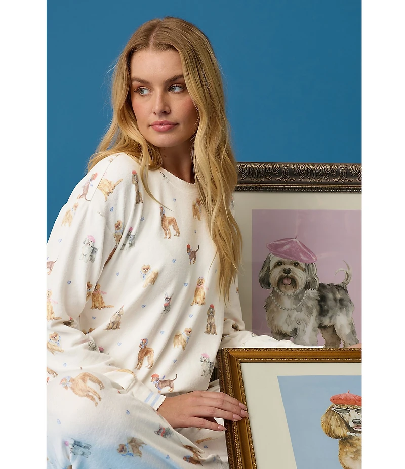 PJ Salvage Meet Me in Pawris Dog Print Peachy Knit Long Sleeve Crew Neck Coordinating Sleep Top