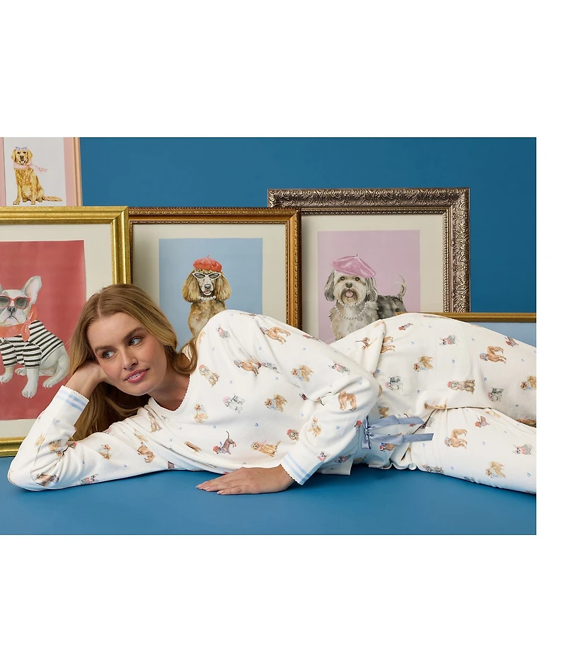 PJ Salvage Meet Me in Pawris Dog Print Peachy Knit Long Sleeve Crew Neck Coordinating Sleep Top