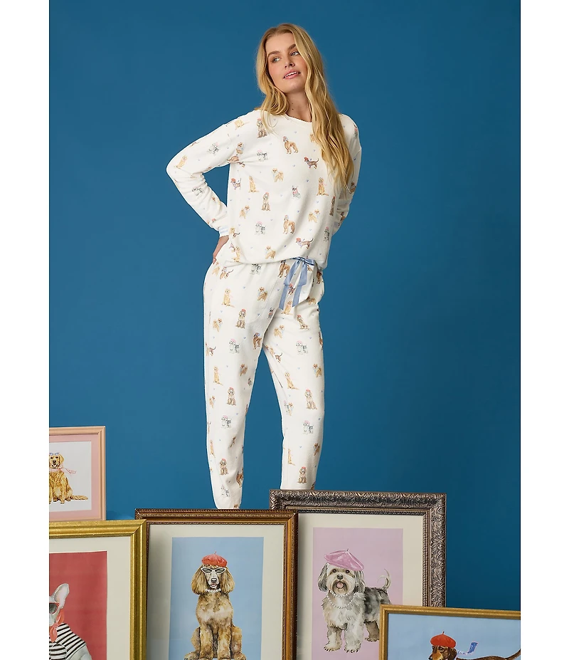 PJ Salvage Meet Me in Pawris Dog Print Peachy Knit Long Sleeve Crew Neck Coordinating Sleep Top