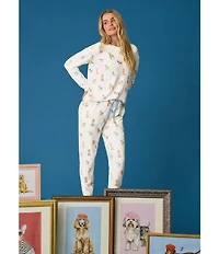 PJ Salvage Meet Me in Pawris Dog Print Peachy Knit Long Sleeve Crew Neck Coordinating Sleep Top