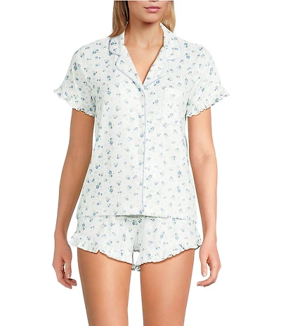 PJ Salvage More Amour Double Brushed Pointelle Knit Short Sleeve Notch Collar Ruffled Ditsy Floral Shorty Pajama Set