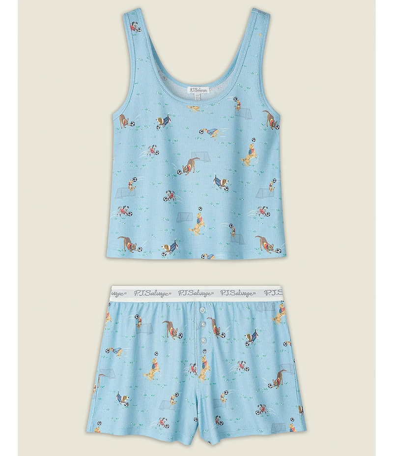PJ Salvage Peachy Baby Waffle Sleeveless Scoop Neck Soccer Dogs Shorty Pajama Set