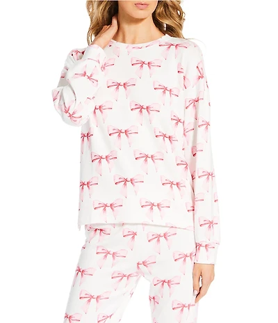 PJ Salvage Peachy Knit Bow Print Long Sleeve Crew Neck Coordinating Sleep Top