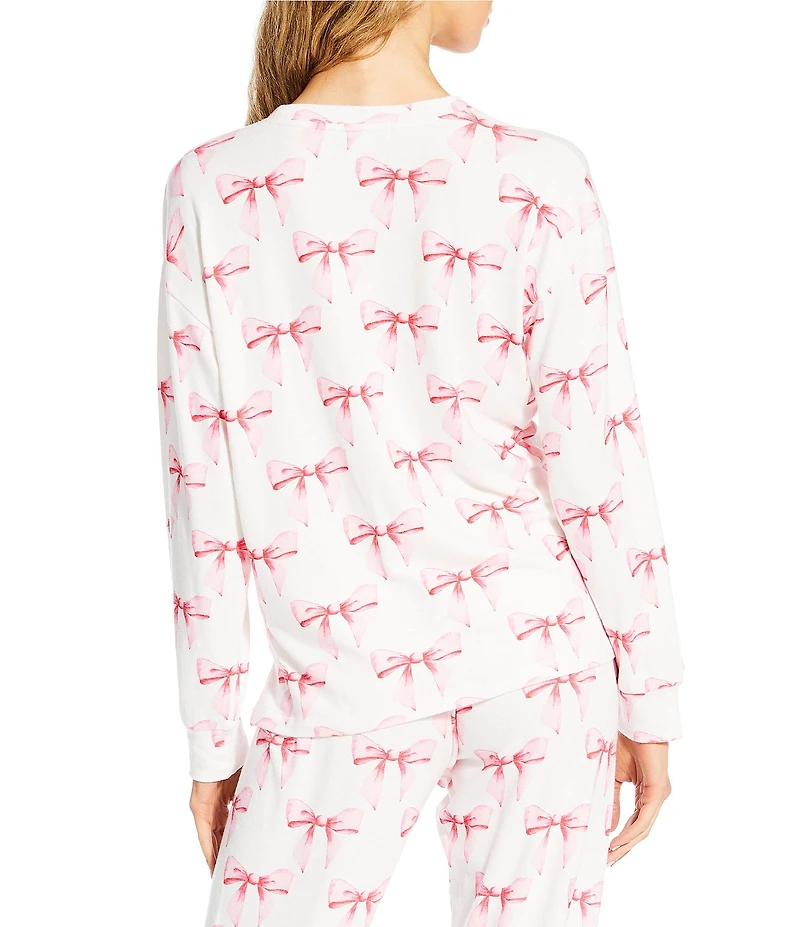 PJ Salvage Peachy Knit Bow Print Long Sleeve Crew Neck Coordinating Sleep Top