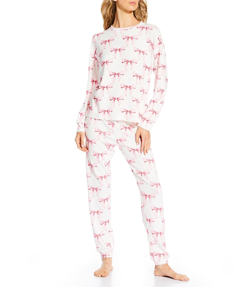 PJ Salvage Peachy Knit Bow Print Long Sleeve Crew Neck Coordinating Sleep Top