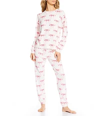 PJ Salvage Peachy Knit Bow Print Long Sleeve Crew Neck Coordinating Sleep Top
