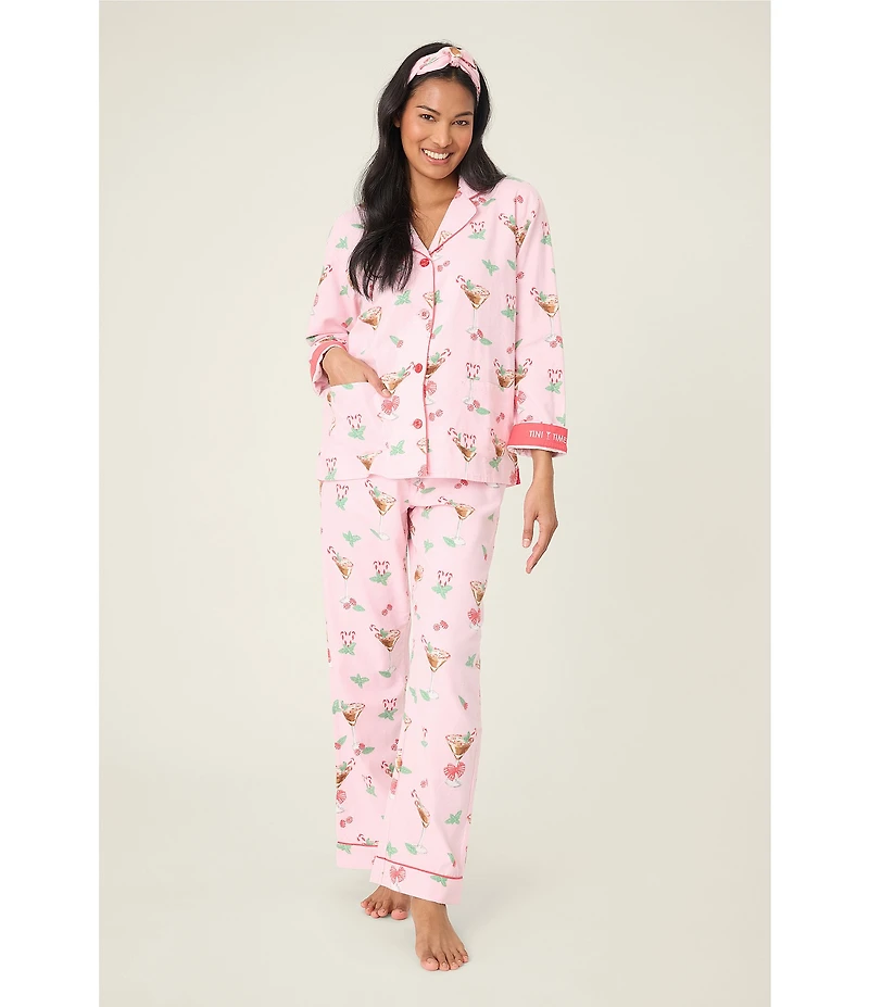 PJ Salvage Peppermint Martini Print #double;Tini Time #double; Embroidered Long Sleeve Notch Collar Holiday Flannel Pajama & Headband Set