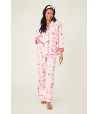 PJ Salvage Peppermint Martini Print #double;Tini Time #double; Embroidered Long Sleeve Notch Collar Holiday Flannel Pajama & Headband Set