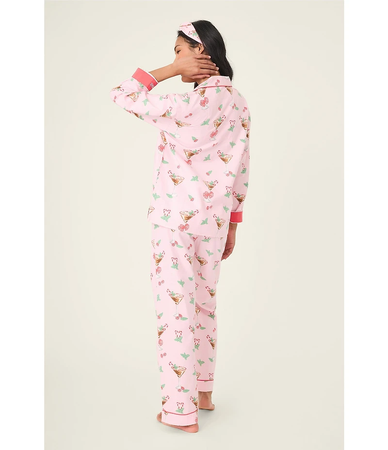 PJ Salvage Peppermint Martini Print #double;Tini Time #double; Embroidered Long Sleeve Notch Collar Holiday Flannel Pajama & Headband Set