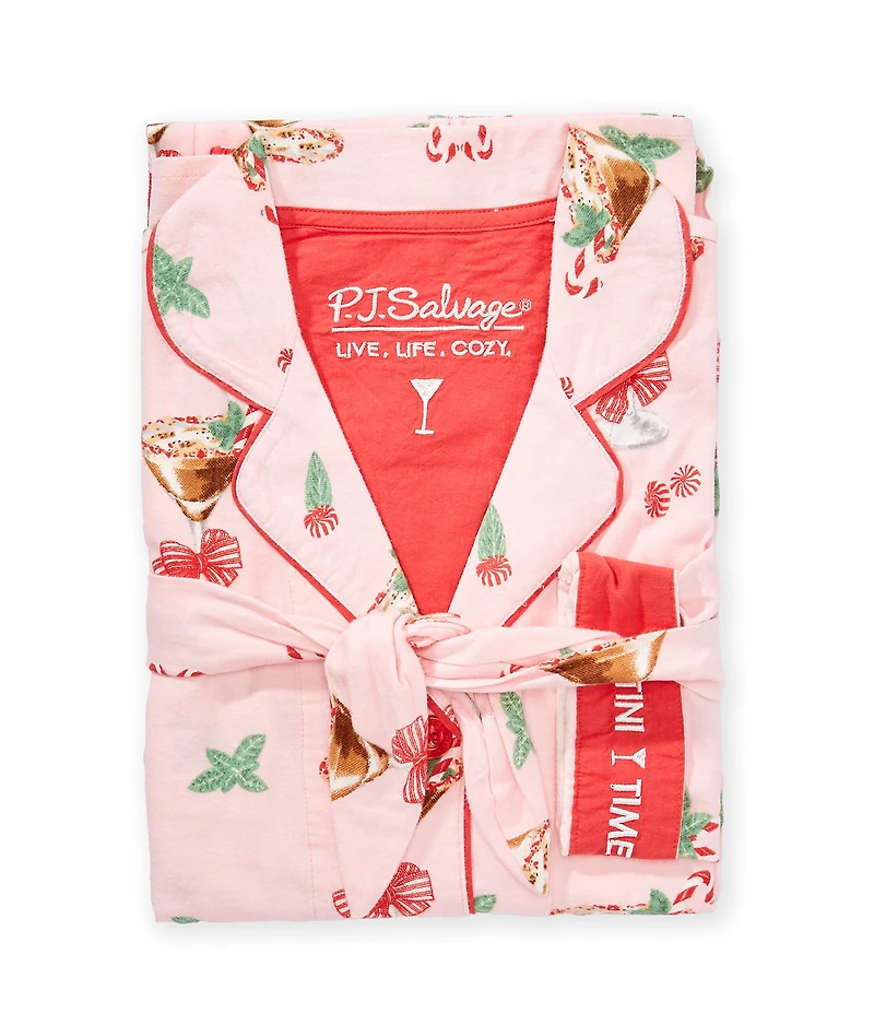 PJ Salvage Peppermint Martini Print #double;Tini Time #double; Embroidered Long Sleeve Notch Collar Holiday Flannel Pajama & Headband Set