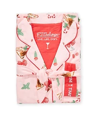 PJ Salvage Peppermint Martini Print #double;Tini Time #double; Embroidered Long Sleeve Notch Collar Holiday Flannel Pajama & Headband Set