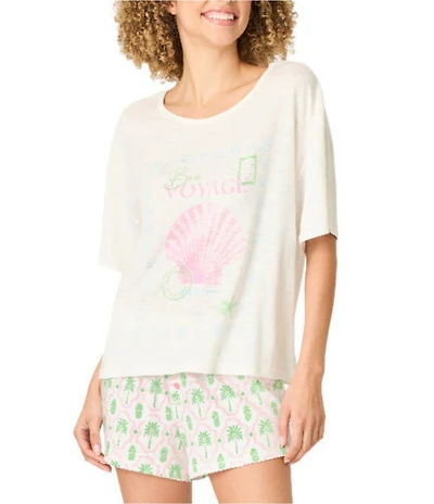 PJ Salvage Playful Prints Bon Voyage Short Sleeve Crew Neck Slub Jersey Knit Coordinating Sleep Top